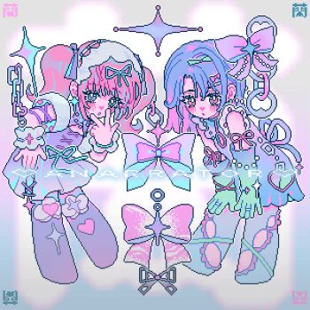 2girls :o animated animated_gif apangbai_(anarrator) arm_ribbon artist_name back_ribbon bare_shoulders blue_background blue_boots blue_eyes blue_gloves blue_ribbon blush_stickers boots bow bright_pupils chain cleavage_cutout clothing_cutout colored_inner_hair commentary cross-laced_clothes cross-laced_dress detached_sleeves dress elbow_gloves expressionless eyelashes floating frilled_dress frilled_wrist_cuffs frills full_body gloves gradient_background gradient_clothes gradient_dress gradient_gloves green_bow green_gloves grey_background hair_between_eyes hair_bow hair_ornament hair_ribbon hairclip hand_on_own_chin hand_on_own_hip hands_on_own_knees heart heart_cutout heart_print highres jewelry leaning_forward leg_cutout long_hair looping_animation medium_dress multicolored_hair multiple_girls open_mouth orange_hair original outline parted_bangs parted_lips pastel_colors pink_background pink_bow pink_eyes pink_hair pink_ribbon pixel_art pleated_dress purple_boots purple_bow purple_dress purple_hair purple_ribbon ribbon ribbon-trimmed_wrist_cuffs ring short_sleeves single_hair_intake sleeveless sleeveless_dress sparkle_earrings symbol-only_commentary thigh_boots thigh_cutout twintails two-sided_dress two-sided_fabric v watermark weibo_watermark white_hair white_outline white_pupils white_sleeves white_wrist_cuffs wrist_cuffs wrist_ribbon