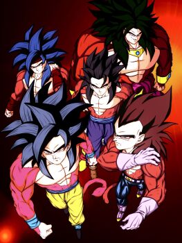 5boys abs bardock black_hair blue_eyes blue_sash body_fur broly_(dragon_ball_z) commentary_request derivative_work dougi dragon_ball dragon_ball_gt dragon_ball_heroes gloves highres kenran_dokkan long_hair looking_at_viewer male_focus monkey_boy monkey_tail multiple_boys muscular muscular_male pants pectorals red_fur saiyan sash smile son_gohan son_goku spiked_hair super_saiyan super_saiyan_4 tail vegeta yellow_pants