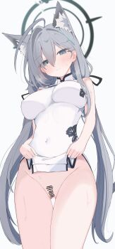 1girl absurdres animal_ear_fluff animal_ears bar_censor blue_archive breasts censored china_dress chinese_clothes dress extra_ears grey_hair halo highres large_breasts long_hair nui_(nuinui0300) shiroko_terror_(blue_archive) solo variant_set wolf_ears