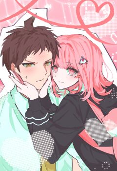 1boy 1girl ahoge backpack bag black_jacket blush brown_hair brown_necktie danganronpa_(series) danganronpa_2:_goodbye_despair end04y from_side hair_ornament hands_under_chin heart highres hinata_hajime hood hooded_jacket jacket long_sleeves looking_at_viewer looking_to_the_side medium_hair nanami_chiaki necktie pink_bag pink_eyes smile sweat