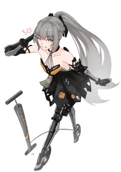 1girl absurdres bare_shoulders black_dress braid collar dress full_body grey_eyes grey_hair highres joints long_hair mechanical_arms mechanical_legs nanami:_pulse_(pgr) nanami_(pgr) one_eye_closed ponytail pump punishing:_gray_raven robot_joints short_dress skates solo trashpanda_11b very_long_hair