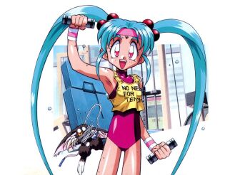1girl 1other :d aqua_hair arm_up bare_shoulders cabbit cowboy_shot exercising facial_mark forehead_mark hair_bobbles hair_ornament headband holding leotard looking_at_viewer masaki_sasami_jurai official_art okuda_hitoshi open_mouth pink_eyes pink_headband pink_leotard ryou-ouki shiny_skin shirt smile striped_wristband sweat sweatdrop teeth tenchi_muyou! twintails upper_teeth_only weightlifting weights wristband yellow_shirt