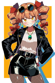 Rule 34 | 1girl, alternate costume, belt, black belt, black jacket, black skirt, blush, bollzzalguy, bow, breasts, brown pantyhose, commentary request, drill hair, earrings, eyewear on head, fishnet pantyhose, fishnets, hair between eyes, hair bow, hands on own hips, highres, jacket, jewelry, long hair, long sleeves, looking at viewer, miniskirt, necklace, open clothes, open jacket, orange hair, pantyhose, pencil skirt, pendant, red bow, round eyewear, skirt, small breasts, smile, solo, sunglasses, sweater, touhou, twin drills, white sweater, yellow eyes, yorigami jo'on