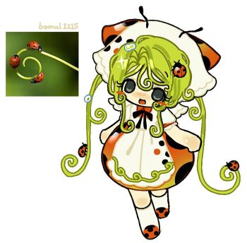 1girl :d apron artist_name black_bow black_bowtie blush_stickers bomal1215 bow bowtie bug chibi chibi_only dress full_body green_eyes green_hair headscarf insect kneehighs ladybug long_hair open_mouth original personification photo_inset plant plant_hair polka_dot polka_dot_dress red_dress red_shoes shoes short_sleeves simple_background smile socks solo standing white_apron white_background white_headscarf white_socks