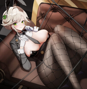1girl absurdres ade_(agent_bunny)_(nikke) ade_(nikke) animal_ear_hairband animal_ears between_breasts black_choker black_jacket black_leotard black_necktie black_pantyhose blonde_hair blush bound bound_arms bound_legs braid breasts bun_with_braided_base choker cleavage closed_mouth clover_hair_ornament commentary couch detached_collar earpiece eyewear_hang fake_animal_ears fishnet_pantyhose fishnets four-leaf_clover_hair_ornament glasses gloves goddess_of_victory:_nikke green_eyes hair_between_eyes hair_intakes hair_ornament hairband highleg highleg_leotard highres index_finger_raised indoors jacket jiyamig large_breasts leotard long_sleeves looking_at_viewer lying necktie necktie_between_breasts official_alternate_costume on_back on_couch pantyhose playboy_bunny rabbit_ear_hairband rabbit_ears sidelocks solo strapless strapless_leotard sweat swept_bangs tied_up_(nonsexual) undersized_breast_cup unworn_eyewear white_gloves white_wrist_cuffs wire wrist_cuffs