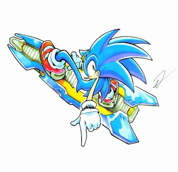 Rule 34 | 1boy, blue fur, full body, gloves, green eyes, grin, hoverboard, looking at viewer, red shoes, shoes, signature, simple background, smile, solo, sonic (series), sonic riders (series), sonic the hedgehog, to the maxio, white background, white gloves