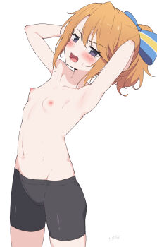 1girl absurdres armpits arms_behind_head arms_up bike_shorts black_shorts blush breasts commentary cowboy_shot highres idolmaster idolmaster_cinderella_girls looking_at_viewer miso_(misomiso_154) navel nipples open_mouth orange_hair ponytail purple_eyes short_hair short_shorts shorts simple_background small_breasts solo topless_female white_background yuuki_haru