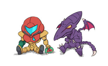 Rule 34 | 1boy, 1girl, arm cannon, armor, assault visor, blue visor, chibi, claws, colored skin, commentary request, dragon, full armor, metroid, metroid (creature), metroid larva, nintendo, power armor, power suit (metroid), purple skin, ridley, samus aran, science fiction, sharp tail, simple background, wakaba (wata ridley), weapon, white background, yellow eyes