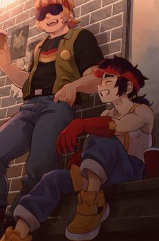 2boys arm_on_knee belt belt_buckle black_belt black_hair black_shirt blonde_hair blue_pants brawl_stars brick_wall buckle buster_(brawl_stars) closed_eyes commentary_request cup denim disposable_cup door drinking_straw fang_(brawl_stars) gloves green_vest grin hair_behind_ear hat headband highres jeans knee_up male_focus moninoeokiba multiple_boys open_clothes open_mouth open_vest pants ponytail red_gloves red_hat red_headband shirt shoes short_sleeves sitting sitting_on_stairs smile stairs standing sunglasses suspenders tank_top teeth tongue upper_teeth_only vest visor_cap white_tank_top yellow_shoes