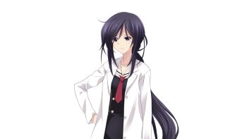 1girl black_dress breasts chaos;child collarbone dress game_cg hand_on_own_hip hekiho_academy_school_uniform highres kunosato_mio lab_coat long_hair long_sidelocks looking_ahead matsuo_yukihiro medium_breasts necktie non-web_source official_art ponytail purple_eyes purple_hair red_necktie sad sailor_collar school_uniform science_adventure short_necktie sidelocks solo sprite transparent_background very_long_hair white_sailor_collar