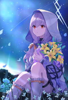 1girl absurdres atsuko_(blue_archive) backlighting black_ribbon blue_archive blue_flower blush bouquet bow bow_legwear braid commentary convenient_leg dawn eyes_visible_through_hair flower frilled_socks frills grass halo hand_up highres holding holding_bouquet hood hood_up hooded_jacket jacket kneehighs knees_up kuronagasu_ir long_hair long_sleeves low_twin_braids mountainous_horizon on_ground orange_bow outdoors parted_lips purple_hair red_eyes ribbon sitting sky sleeve_ribbon socks solo thigh_strap twin_braids white_flower white_halo white_jacket white_socks yellow_flower