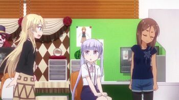 >_< 10s 3girls ahagon_umiko airsoft animated animated_gif anime_screenshot computer computer_tower crystal_ball denim denim_shorts eyepatch firing gun handgun hat holding holding_gun holding_weapon id_card multiple_girls new_game! pants pants_under_skirt pantyhose pantyhose_under_shorts shorts shot_at skull suzukaze_aoba top_hat weapon yagami_kou