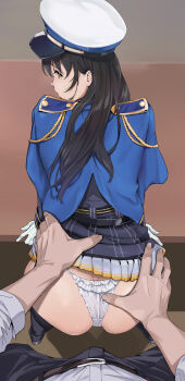 1boy 1girl absurdres ass black_hair blue_jacket breasts brown_eyes commentary_request diesel_(nikke) frilled_panties frills goddess_of_victory:_nikke hat highres jacket long_hair panties peaked_cap pov pov_crotch pov_hands torso_grab underwear white_hat white_panties yamaishi_(mukoubuti)