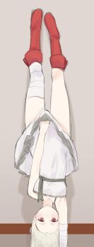 1girl blush boots dress grey_hair handstand highres lindruby looking_at_viewer lycoris_challenge_(meme) meme one_arm_handstand original red_boots red_eyes shadow simple_background sleeveless sleeveless_dress solo white_dress