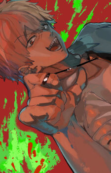 1boy absurdres black_necktie chainsaw_man cord_pull denji_(chainsaw_man) grey_shirt highres kuronekoya looking_at_viewer male_focus necktie open_mouth orange_hair pull_cord red_eyes sharp_teeth shirt short_hair sideways solo teeth