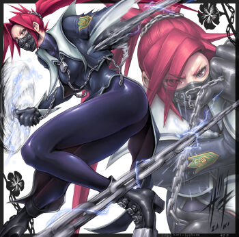 Rule 34 | 1girl, bodysuit, bodysuit under clothes, boots, chain, commission, delinquent, electricity, full body, gloves, highres, zaki (justice gakuen), holding, holding chain, justice gakuen, kari syoboon 22, legs, mask, mouth mask, ponytail, red hair, sailor collar, skeb commission, skin tight, thighs