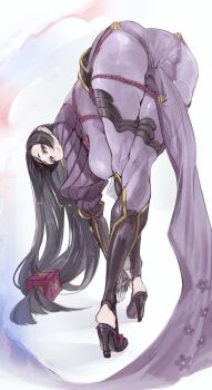 1girl absurdres ass black_hair bodysuit breasts crossed_legs ebichannoshippo fate/grand_order fate_(series) high_heels highres long_hair long_legs looking_at_viewer minamoto_no_raikou_(fate) purple_bodysuit purple_eyes simple_background smile very_long_hair white_background