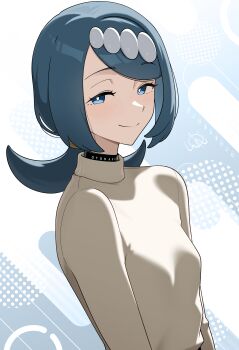 1girl absurdres artist_name black_choker blue_eyes blue_hair breasts choker closed_mouth hair_ornament highres lana's_mother_(pokemon) looking_at_viewer mature_female nintendo otokakoto pokemon pokemon_sm small_breasts smile solo sweater turtleneck turtleneck_sweater upper_body
