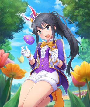 1girl :d animal_ears bare_legs black_hair blue_eyes blue_sky blue_socks blurry blurry_foreground bow bowtie breasts bug butterfly cloud day diagonal-striped_shirt dot_nose easter easter_egg egg field flower flower_field frilled_shirt frills from_below fur-trimmed_shorts fur_trim game_cg gloves hands_up hat hat_with_ears high_ponytail insect jacket kneeling long_hair mini_hat official_art open_clothes open_jacket open_mouth outdoors ponytail purple_hat purple_jacket purple_shirt rabbit_ears red_flower red_pupils ribbon shirt shoes shorts sidelocks sky small_breasts smile socks solo teeth third-party_source toji_no_miko toji_no_miko:_kizamishi_issen_no_tomoshibi tree upper_teeth_only white_gloves white_shorts wrist_ribbon yamashiro_yui yellow_bow yellow_bowtie yellow_butterfly yellow_flower yellow_ribbon yellow_shoes