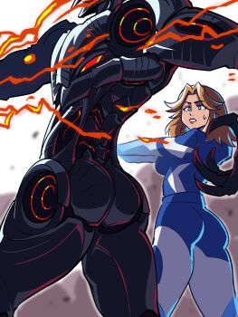 1boy 1girl ass blonde_hair blue_bodysuit blue_eyes bodysuit breasts fantastic_four highres long_hair marvel marvel_rivals multicolored_bodysuit sue_storm superhero_costume tina_fate two-tone_bodysuit ultron white_bodysuit