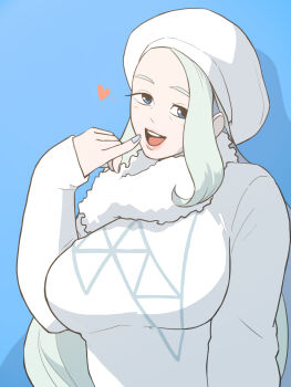1girl absurdres blue_eyes breasts earrings fur_collar fur_hat half-closed_eyes hand_up hat heart highres jewelry large_breasts long_hair long_sleeves martinicandy mature_female melony_(pokemon) nintendo open_mouth pearl_earrings pokemon pokemon_swsh smile solo sweater upper_body ushanka white_hat white_sweater