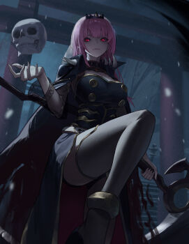 Rule 34 | 1girl, absurdres, black thighhighs, breasts, closed mouth, commentary, english commentary, eyelashes, floating, foreshortening, from below, glowing, glowing eyes, highres, holding, holding scythe, holding skull, hololive, hololive english, large breasts, long hair, looking at viewer, mori calliope, mori calliope (1st costume), night, pink hair, red eyes, scythe, skull, snowing, solo, spiked cape, spikes, standing, thighhighs, tiara, torii, virtual youtuber, vyva, winter
