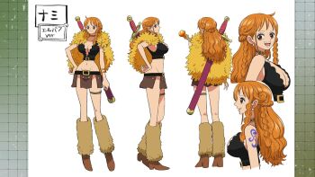 alternate_costume alternate_hairstyle belt boots bracelet braid breasts brown_eyes capelet cleavage crop_top curvy fur-trimmed_boots fur-trimmed_capelet fur_boots fur_capelet fur_trim hand_on_own_hip high_heels jewelry large_breasts loincloth long_hair looking_at_viewer nami_(one_piece) nami_(one_piece)_(elbaf) navel necklace official_alternate_costume official_alternate_hairstyle official_art one_piece open_mouth orange_hair sheath shoulder_tattoo smile sword sword_on_back tattoo thighlet thighs toei_company weapon weapon_on_back wide_hips yellow_capelet
