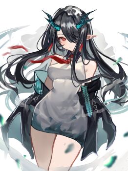 Rule 34 | 1girl, absurdres, arknights, black hair, dragon girl, dragon horns, dragon tail, dusk (arknights), earrings, eastern dragon tail, green horns, hair over one eye, highres, horns, jewelry, long hair, pointy ears, red eyes, solo, tail, tassel, tassel earrings, woppuru