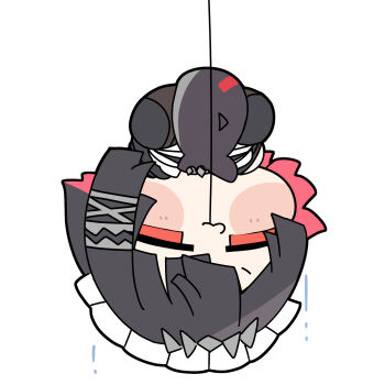 1girl black_hair blush chibi colored_inner_hair commentary ellen_joe fins fish_tail fishing_line full_body hairband half-closed_eyes highres metal_hairband multicolored_hair razor_blade_hair_ornament red_eyes shark_girl shark_tail shinonome_nashi short_hair solo spiked_headband symbol-only_commentary tail upside-down zenless_zone_zero