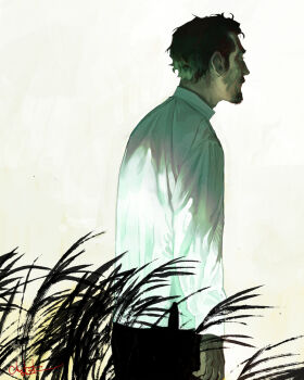 1boy black_hair black_pants collared_shirt ctkcave facial_hair from_behind goatee looking_afar male_focus mature_male messy_hair mustache original pants shirt short_hair simple_background solo wheat wheat_field white_background white_shirt