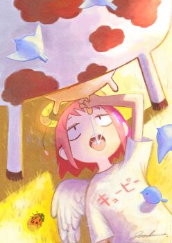 1girl angel angel_wings animal bird bug cow feathered_wings grass halo highres hooves insect jonkumason kyuupii-chan_(jonkumason) ladybug lying milk milking_cow on_back on_ground open_mouth original pink_hair print_shirt sanpaku shirt short_sleeves signature solo tongue tongue_out udder white_wings wings