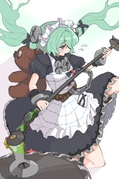1girl animal_bag apron bear_bag belt black_dress brown_belt chain circular_saw commentary_request corin_wickes cuffs dress flying_sweatdrops gekirin123 green_background green_hair hair_between_eyes holding holding_weapon long_hair maid maid_apron maid_headdress open_mouth puffy_short_sleeves puffy_sleeves purple_eyes saw screw_hair_ornament short_sleeves simple_background solo twintails weapon white_apron zenless_zone_zero