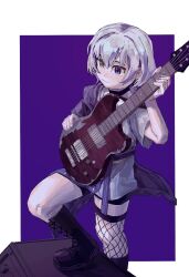 bang_dream! bang_dream!_it&#039;s_mygo!!!!! belt black_shorts blue_eyes boots electric_guitar esp_guitars gnns4357 guitar guitar_strap heterochromia holding instrument kaname_raana medium_hair mygo!!!!!_(bang_dream!) official_alternate_costume shorts simple_background strap white_hair yellow_eyes