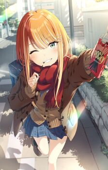 Rule 34 | 1girl, bag, black socks, blue skirt, brown coat, brown shoes, brown sweater, coat, commentary request, duffel coat, food, gakuen idolmaster, grin, hair ornament, hairclip, highres, holding, holding food, holding pocky, idolmaster, long hair, looking at viewer, mole, mole under eye, murasaki himuro, one eye closed, parallel hairclips, pleated skirt, pocky, pocky day, red scarf, road, running, scarf, scenery, school bag, school uniform, shiun sumika, shoes, skirt, smile, socks, solo, street, sweater