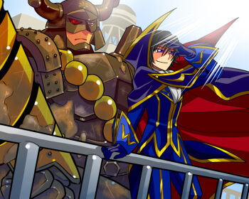 Rule 34 | 2boys, akariya kuubu, armor, beads, black hair, brown armor, cape, code geass, crossover, drill, formal clothes, gloves, guard rail, hand on own face, helmet, honda tadakatsu (sengoku basara), japanese armor, kabuto (helmet), lelouch vi britannia, long sleeves, m.u.g.e.n, multiple boys, prayer beads, purple eyes, sengoku basara, sleeve cuffs, smile, sunlight, zero (code geass)