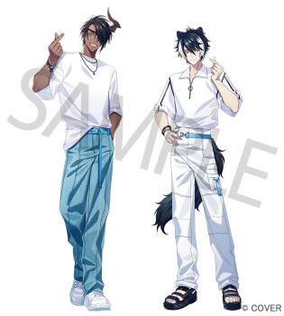 animal_ears aragami_oga belt black_hair black_sandals blue_belt blue_pants bracelet closed_mouth commentary_request copyright_notice crew_neck dark-skinned_male dark_skin demon_horns denim dog_tags earrings eyepatch finger_heart fingernails full_body green_eyes grin hair_between_eyes hair_over_one_eye hand_in_pocket hand_on_own_hip hand_up holostars horn_ornament horns jackal_boy jackal_ears jackal_tail jeans jewelry kageyama_shien long_belt looking_at_viewer mafia_(holostars) male_focus multicolored_hair necklace official_art pants platform_sandals sample_watermark sandals sharp_fingernails sharp_teeth shirt shirt_partially_tucked_in shirt_tucked_in shoes short_hair side-by-side simple_background single_horn sleeves_rolled_up smile sneakers standing teeth three-quarter_sleeves two-tone_hair virtual_youtuber watermark white_background white_hair white_pants white_shirt white_shoes wing_collar y_at_(yuuya) yellow_eyes