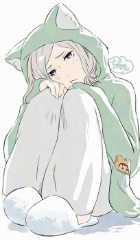 Rule 34 | 1boy, :<, :t, animal ears, animal hood, animal slippers, anpon aji, blue eyes, blush, cat ears, cat hood, full body, green hoodie, grey hair, hands on own knees, head tilt, hood, hoodie, light blush, looking at viewer, medium hair, otto suewen, pajamas, pout, re:zero kara hajimeru isekai seikatsu, signature, simple background, sitting, slippers, solo, white background