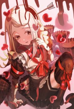 Rule 34 | 1girl, apron, arm support, arrow (projectile), atari (eurf8445), back bow, black shirt, black shorts, blush, bound, bow, chocolate, chocolate on hand, chocolate on head, colored eyelashes, commentary, corset, feet out of frame, food on hand, frilled apron, frills, gakuen idolmaster, grey hair, hair ornament, hairclip, happy mille-feuille (idolmaster), heart, heart apron, heart arrow, highres, idolmaster, long hair, looking at viewer, maid, maid apron, melting, open mouth, orange eyes, parallel hairclips, ribbon, ribbon bondage, shinosawa hiro, shirt, shorts, smile, solo, sweat, untranslatable commentary, white apron, white corset, wrapped