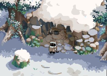 Rule 34 | animated, animated gif, awning, backpack, bag, black cat, blinking, bush, cat, commentary, cooking pot, decomposedmaw, drawn whiskers, hut, original, outdoors, pixel art, pixelated, smoking, snowing, stone walkway, tree stump, winter clothes