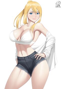 Rule 34 | 1girl, absurdres, armpits, black shorts, blonde hair, blue eyes, breasts, cleavage, commentary request, cowboy shot, cutoffs, denim, denim shorts, hand on own hip, high ponytail, highres, large breasts, long hair, looking at viewer, metroid, midriff, mole, mole under mouth, navel, nintendo, off shoulder, ponytail, rocky-ace, samus aran, shirt, short shorts, shorts, simple background, solo, stomach, thighs, white background, white shirt