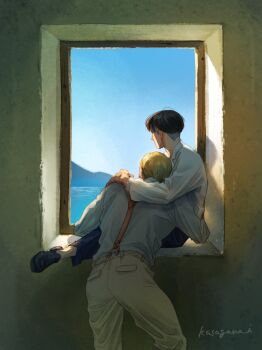 Rule 34 | 2boys, arm around shoulder, black hair, black shoes, blonde hair, blue sky, commentary request, erwin smith, from behind, highres, kasagana i, levi (shingeki no kyojin), long sleeves, male focus, mountain, multiple boys, pants, shingeki no kyojin, shirt, shirt tucked in, shoes, sitting, sky, standing, suspenders, twitter username, water, white pants, white shirt, yaoi