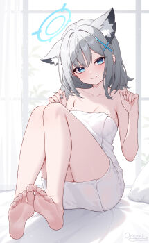 Rule 34 | 1girl, absurdres, animal ear fluff, animal ears, bare shoulders, barefoot, blue archive, blue eyes, blue halo, breasts, closed mouth, collarbone, commentary request, cross hair ornament, feet, grey hair, hair ornament, halo, highres, legs, looking at viewer, medium breasts, medium hair, mismatched pupils, naked towel, origami (poinia), shiroko (blue archive), sitting, smile, soles, solo, toes, towel