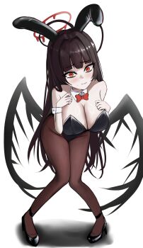 1girl absurdres alternate_costume animal_ears bare_shoulders black_hair black_leotard black_shoes black_wings blood blood_halo blue_archive blunt_bangs blush bow bowtie breast_suppress breasts brown_pantyhose cleavage closed_mouth detached_collar fake_animal_ears full_body furrowed_brow groin hair_over_shoulder halo hands_up high_heels highres knees_together_feet_apart large_breasts leaning_forward leotard liiigang liquid_halo long_hair low_wings pantyhose playboy_bunny rabbit_ears red_bow red_bowtie red_eyes red_halo shoes simple_background solo straight_hair strapless strapless_leotard sweatdrop thighs tsurime tsurugi_(blue_archive) very_long_hair white_background white_wrist_cuffs wide-eyed wings wrist_cuffs