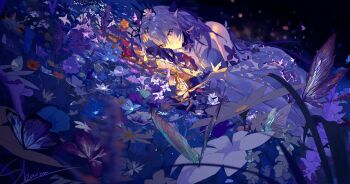 1girl absurdres bare_shoulders black_tiara bug butterfly castorice_(honkai:_star_rail) elbow_gloves flower gloves highres honkai:_star_rail honkai_(series) insect looking_at_viewer outdoors pointy_ears purple_butterfly purple_eyes purple_hair skavenprime smile solo tiara