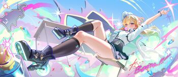 Rule 34 | 1girl, absurdres, arm up, black shoes, black skirt, black socks, blonde hair, blowing bubble gum, chewing gum, colorful background, commentary, highres, id card, long hair, lynae (wuthering waves), purple eyes, shirt, shoes, skirt, socks, solo, spray can, tacet mark (wuthering waves), white shirt, wuthering waves, yerim