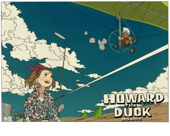1boy 1girl animification beverly_switzler blue_eyes blue_sky border bow_hairband brown_hair building city cloud collarbone copyright_name duck_boy earrings furry furry_male hairband hamuji howard_the_duck jewelry lamppost marvel motor_vehicle motorcycle open_mouth outdoors paramotor riding shirt short_hair sky skyscraper teeth tree upper_teeth_only white_border