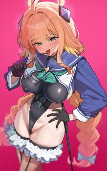 1girl absurdres ahoge aqua_eyes black_gloves black_leotard blue_archive blue_shirt braid commentary_request covered_erect_nipples gloves gradient_background halo hand_on_own_hip highleg highleg_leotard highres holding holding_removed_eyewear leotard long_hair long_sleeves looking_at_viewer official_alternate_costume open_mouth orange_hair ramanda red_background shimiko_(blue_archive) shimiko_(magical)_(blue_archive) shirt shrug_(clothing) solo standing thighhighs twin_braids unworn_eyewear very_long_hair yellow_halo