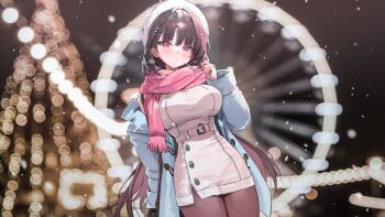 1girl :o aisha_(vtuber) arm_at_side belt belt_buckle beret black_hair blue_coat blurry blurry_background bokeh breasts brown_pantyhose buckle christmas christmas_tree coat commentary cowboy_shot depth_of_field dress dutch_angle ferris_wheel hair_ornament hairclip hand_up hat heart heart_hair_ornament hibi2scus highres indie_virtual_youtuber indoors large_breasts long_hair long_sleeves looking_at_viewer night open_clothes open_coat outdoors pantyhose parallel_hairclips parted_lips pink_eyes pink_scarf ribbed_sweater scarf second-party_source snowing solo standing star_(symbol) star_hair_ornament sweater sweater_dress symbol-only_commentary very_long_hair virtual_youtuber white_belt white_hat white_sweater winter_clothes