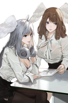 1girl alternate_costume black_skirt blue_eyes bra_visible_through_clothes breasts brown_hair cleavage curly_hair eunie_(xenoblade) formal_clothes grey_hair head_wings highres holding holding_paper j@ck large_breasts long_hair long_sleeves melia_antiqua office_lady paper pencil_skirt shirt skirt upper_body white_shirt white_wings wings xenoblade_chronicles_(series) xenoblade_chronicles_3