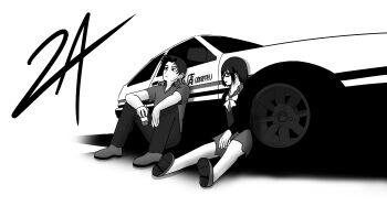 1boy 1girl 2advancedarts absurdres alcohol beer beer_can boots bow bowtie can car ciel_(tsukihime) commission crossover drink_can fujiwara_takumi glasses highres initial_d melty_blood monochrome motor_vehicle pants shoes sitting skirt toyota toyota_sprinter_trueno tsukihime tsukihime_(remake) type-moon vehicle_focus wheel